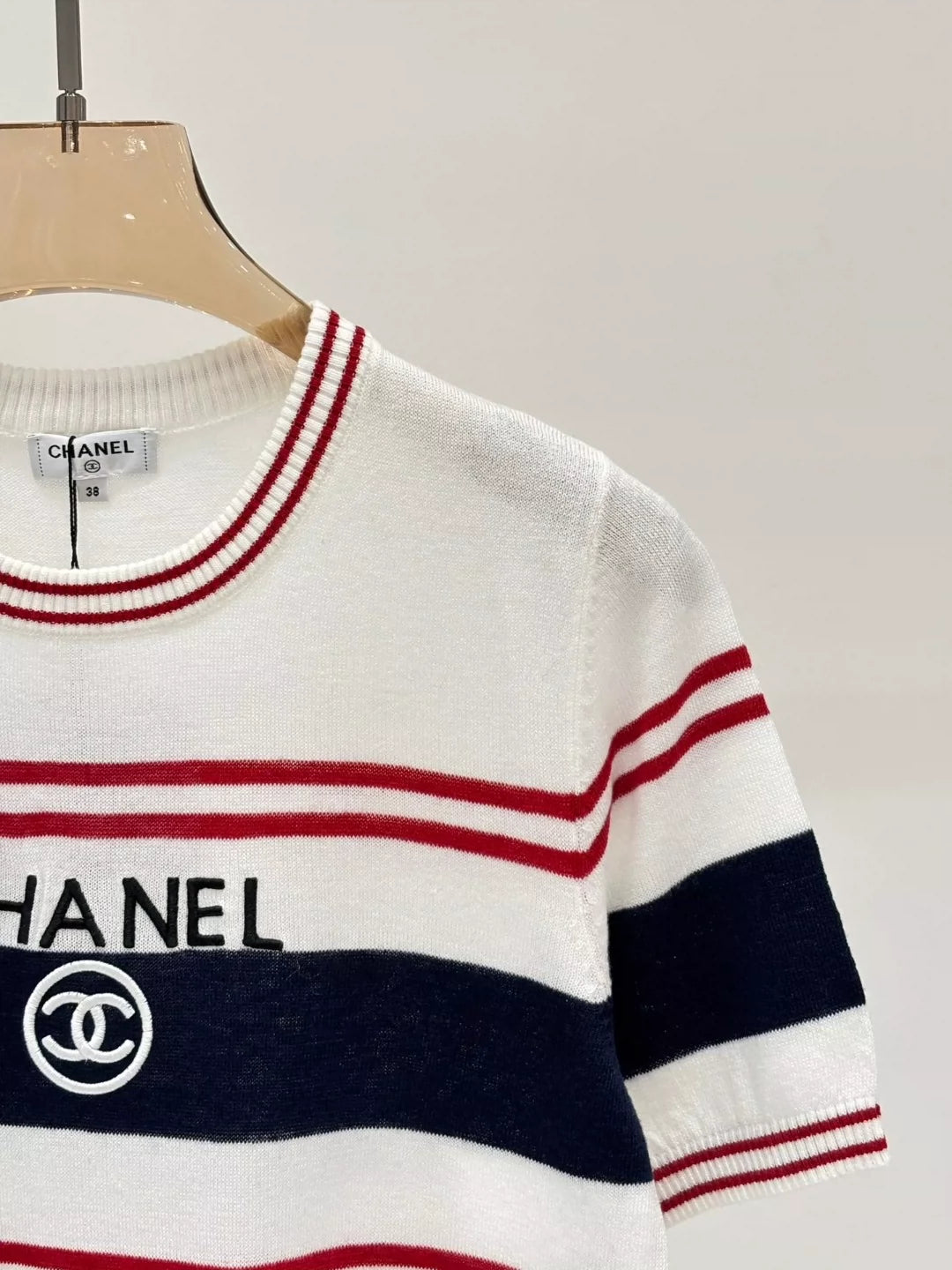 C 25 Summer new round neck letter jacquard striped color matching casual knitted short sleeves