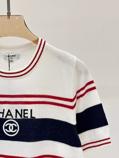 C 25 Summer new round neck letter jacquard striped color matching casual knitted short sleeves