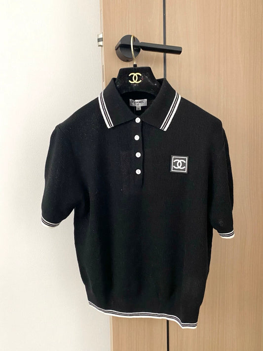 C 25 new hollow striped lapel short sleeve knitted