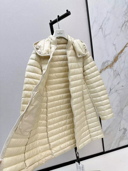MON 25 New Hooded, Lightweight Long Down Jacket with a Waist Fit