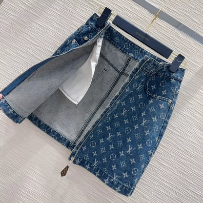 L 25 Colorblocked Printed Zipper Denim Half Skirt