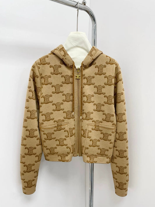 CE 25 new style printed pockets double-sided wearable hooded knitted cardigan