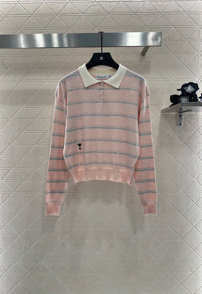 D 25 Lapel striped knit long-sleeved top.