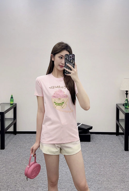 C 25 New Bubble Rhinestone Cake Round Neck Short-Sleeved T-shirt