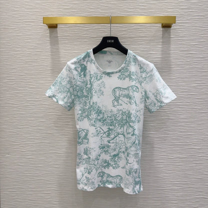 D 25 New Animal Jungle Print Round Neck Short Sleeve T-Shirt(pink green blue)