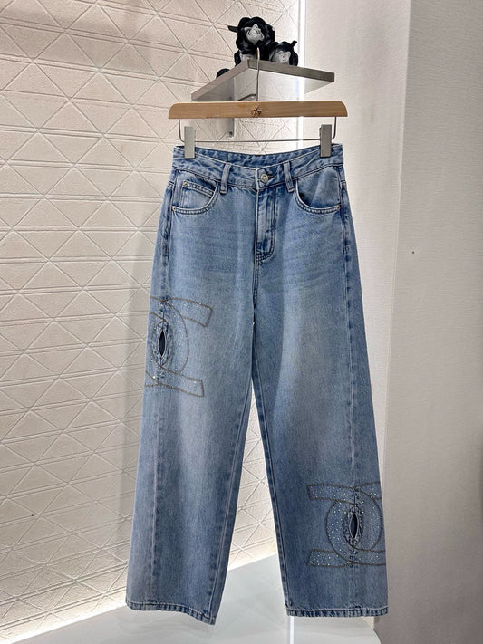 C 25 Wide Leg Rhinestone Denim Trousers
