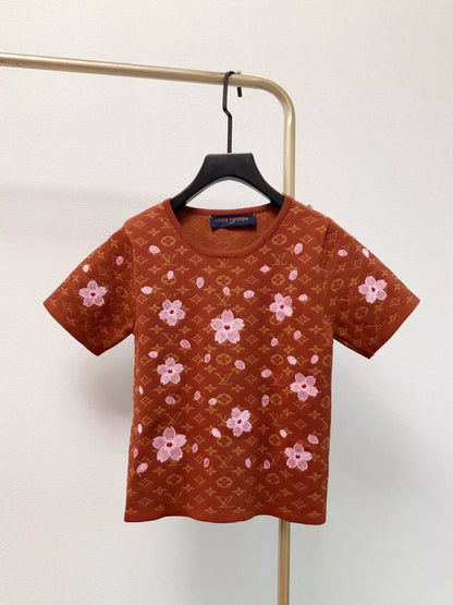 L 25 New Letter Full Print Embossed Flower Embroidery Knit Crew Neck Short Sleeve