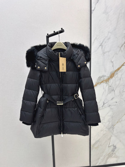 Bru 25fw Hooded slim-fit mid-length down jacket