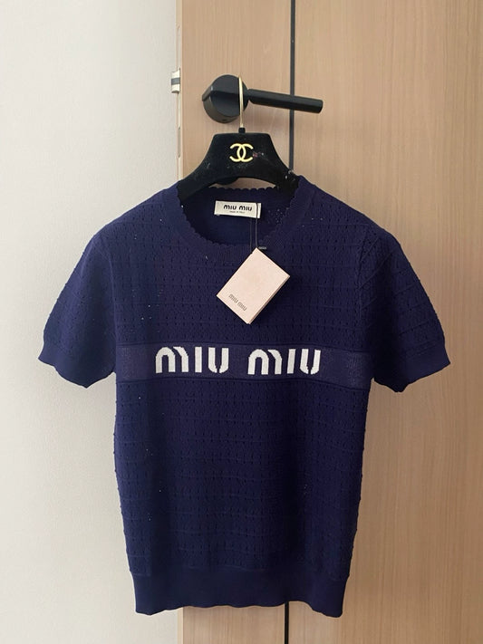 M 25 new color collision letters hollow round neck short sleeve knit tops