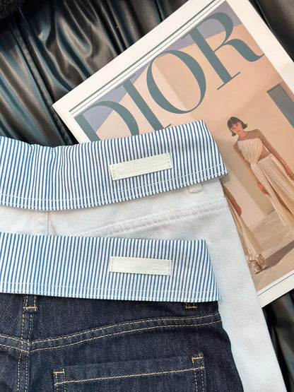 C 25 Cuffed rhinestone lettered denim straight-leg pants