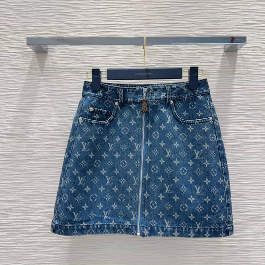 L 25 Colorblocked Printed Zipper Denim Half Skirt
