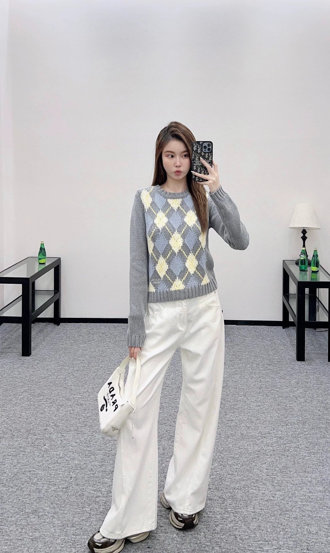 Pr 25 Diamond-knit long-sleeved pullover sweater