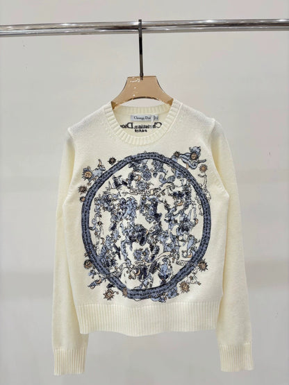 D 25 Spring and Summer New Round Neck Letters Floral Logo Embroidery Knitted Long Sleeves