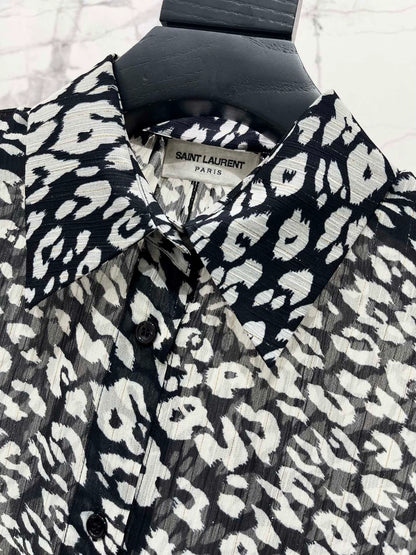 Y 25 New Leopard Print Lightweight Slightly Transparent Lapel Long Sleeve Shirt