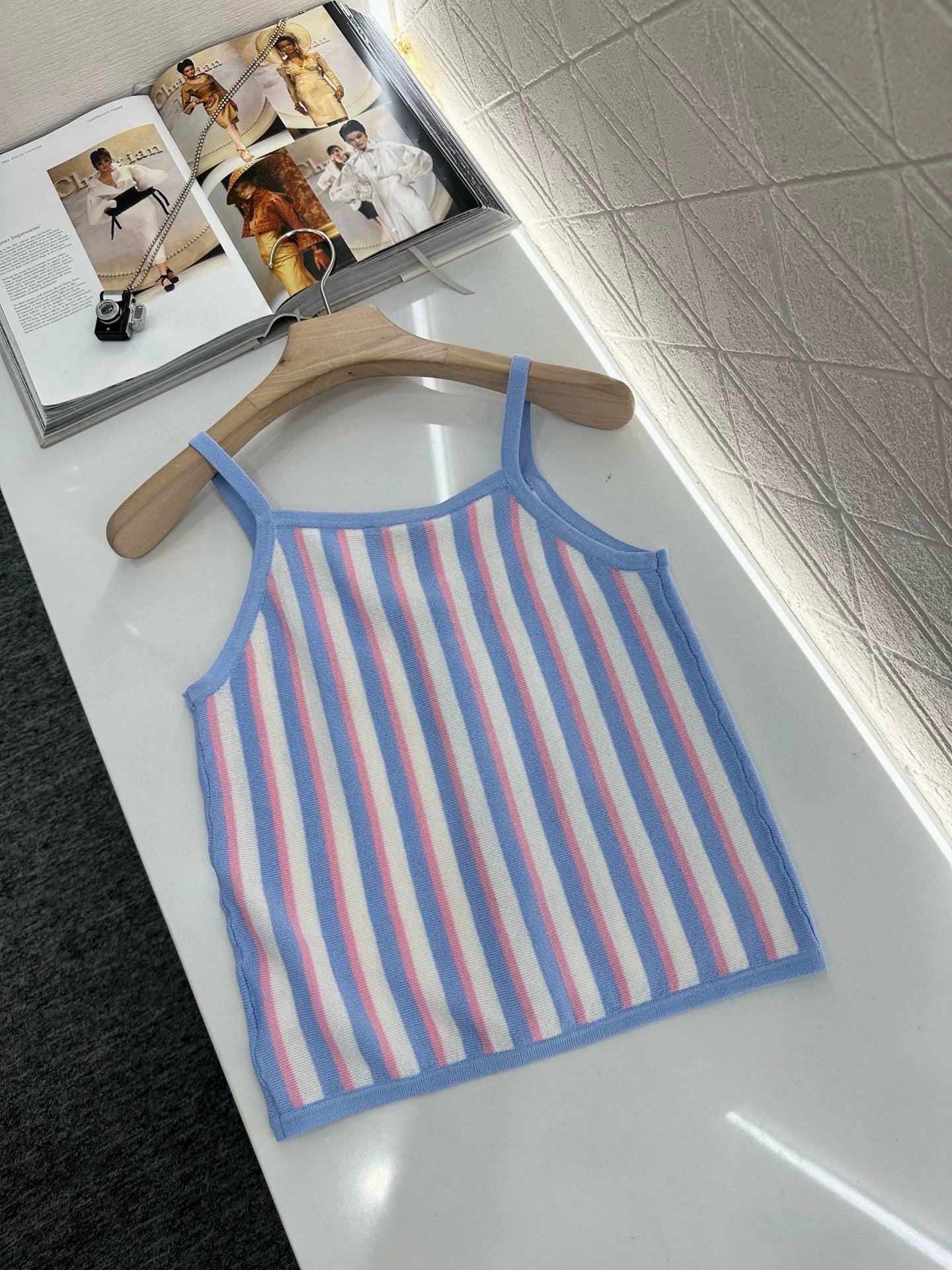 C 25 Spring/Summer New Pink BLUE Striped Knit Cardigan Camisole Vest