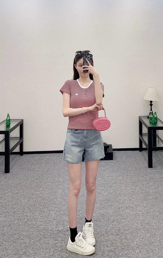 CE 25 Spring and Summer New Half-open Striped Short-sleeved T-shirt