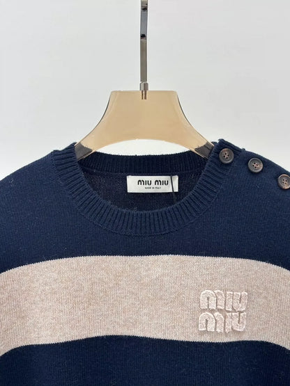 M 25 Spring and Summer new round neck letter logo patch striped color matching casual knitted long sleeve