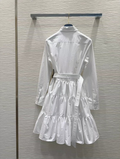L 25 Neues einreihiges Kleid mit Revers und Gürtel und langen Ärmeln (Schwarz &amp; Weiß) 