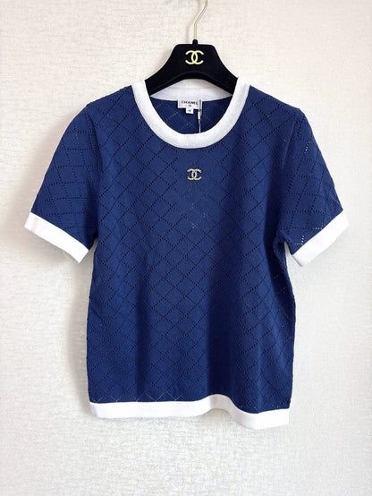 C 25 New Hollow Checkered Knit Short Sleeve