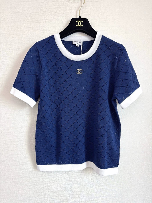 C 25 New Hollow Checkered Knit Short Sleeve