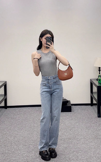 C 25High waist washed denim straight pants