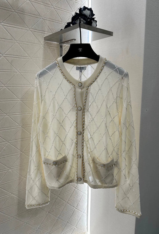 C 25 Heavy Chain Diamond Knit Cardigan