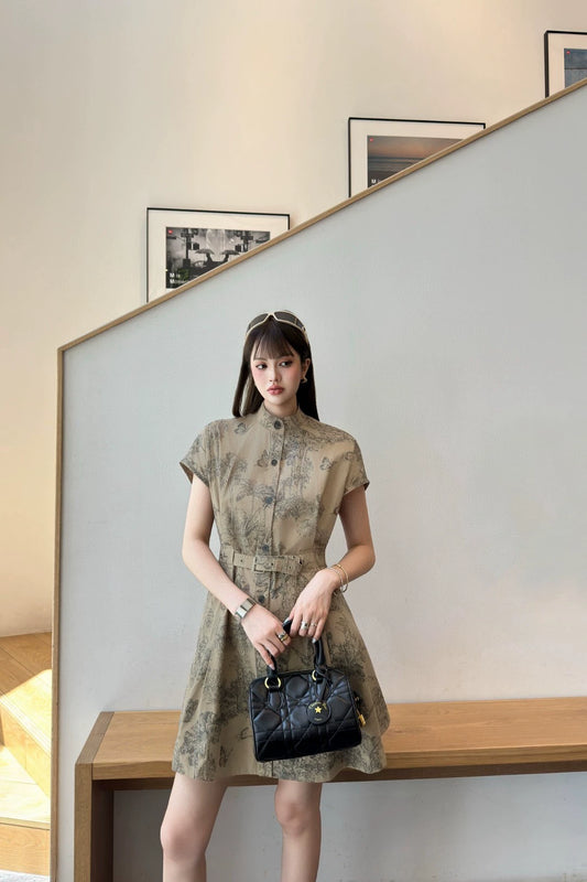 D 25 new brown printed belt single-breasted stand collar short-sleeved dress