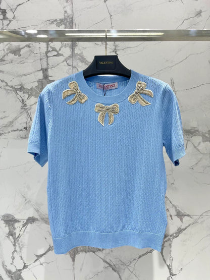 V 25 New French Heavy Duty Bow With Diamonds Short Sleeve Knit