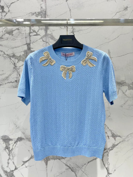 V 25 New French Heavy Duty Bow With Diamonds Short Sleeve Knit