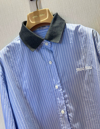 M 25 Spliced collar embroidered letter shirt