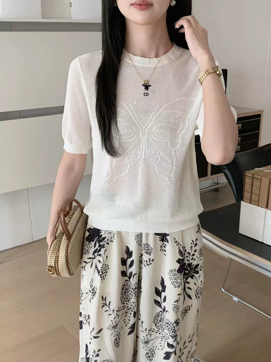 D 25 New Mesh Bee Embroidery Big Butterfly Concealed Breathable Short Sleeve Knit Top