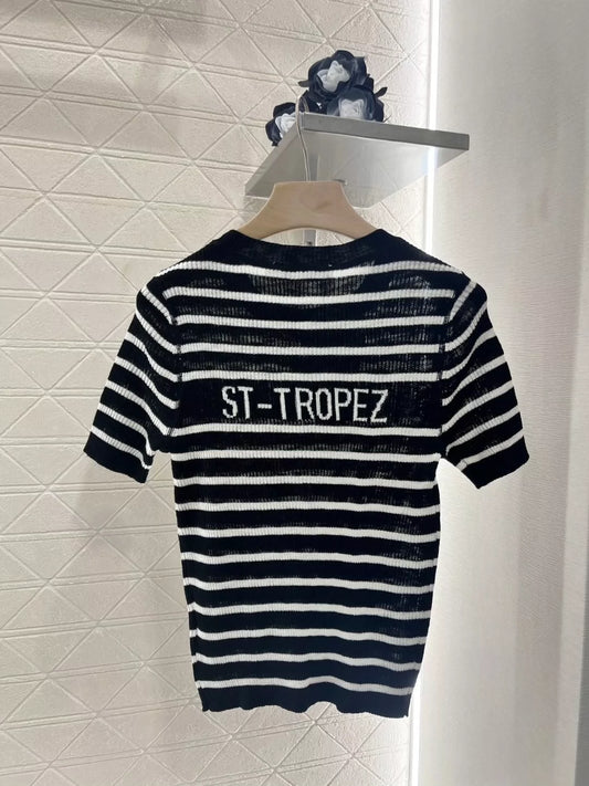 D 25 Spring and Summer new striped knitted short-sleeved top(black,white,pink)
