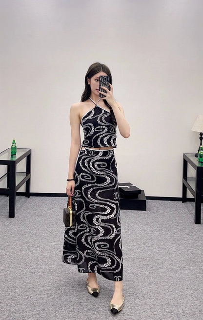 C 25 Printed Hanging Neck Vest Long Skirt Set(black pink orange)