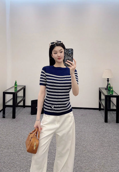 L 25 Spring Summer New Jacquard Rope Knit Short Sleeve Top