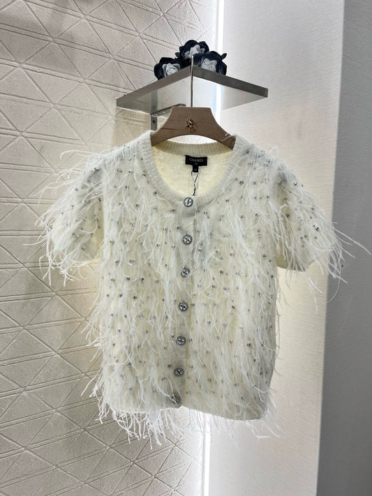 C 25 Rhinestone Feather Knit Cardigan(Black white)