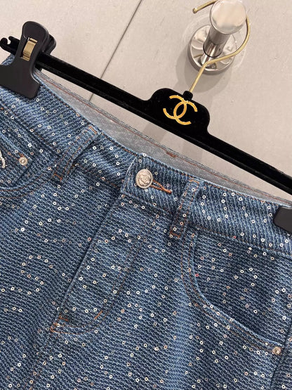 Spring/Summer New Heavy duty sequin denim half skirt
