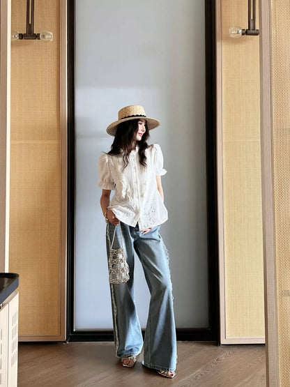M 25 Splicing, water-soluble embroidered edges, rhinestone jeans