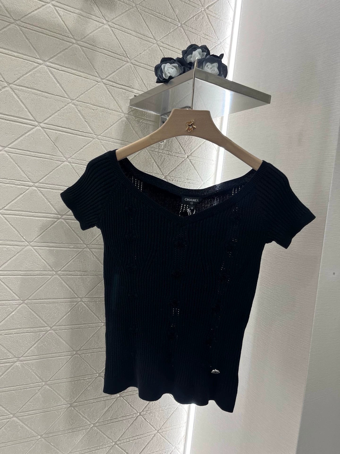 C 25 Spring and Summer New Three-dimensional Crochet Knitted Short-sleeved Top(pink white blue black)