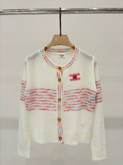 CE 25 Printemps et Été nouveau col rond lettre logo logo rayures couleur mixte cardigan tricoté 