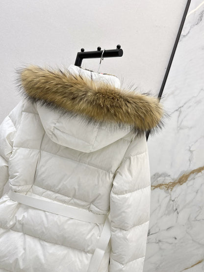 Bru 25 Waist waistband long down jacket ，raccoon fur collar(BLACK/WHITE/KHAKI)