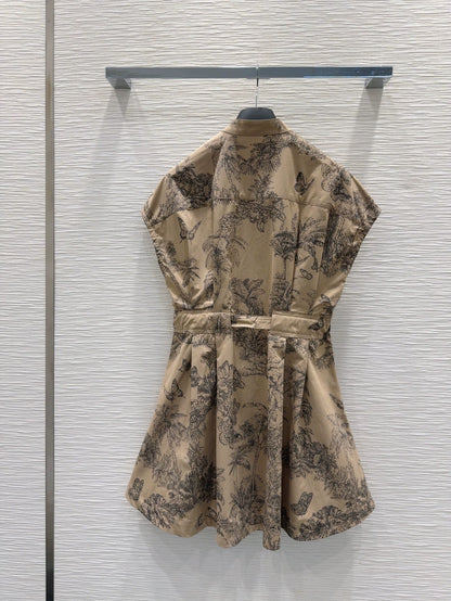 D 25 new brown printed belt single-breasted stand collar short-sleeved dress