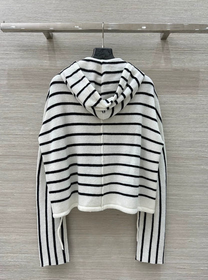 D 25 new drawstring design drawstring striped wool hooded cardigan