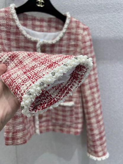C 25 Red and white checked tweed jacket with beaded trim