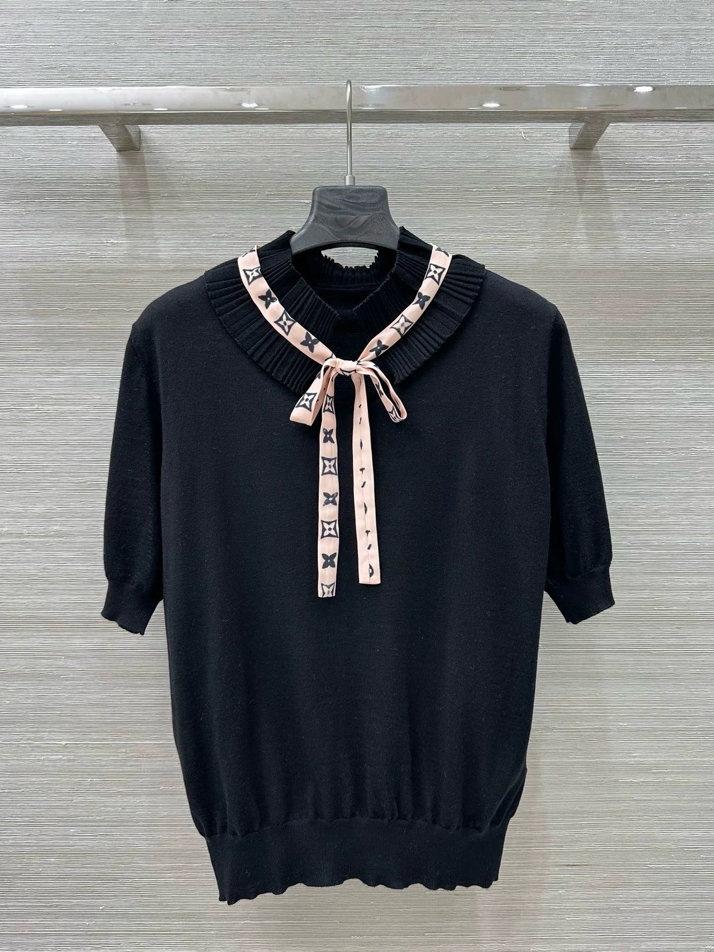 L 25 Spring/Summer New Lace Stand-up Collar Real Ribbon Short Sleeve