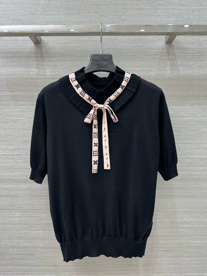 L 25 Spring/Summer New Lace Stand-up Collar Real Ribbon Short Sleeve