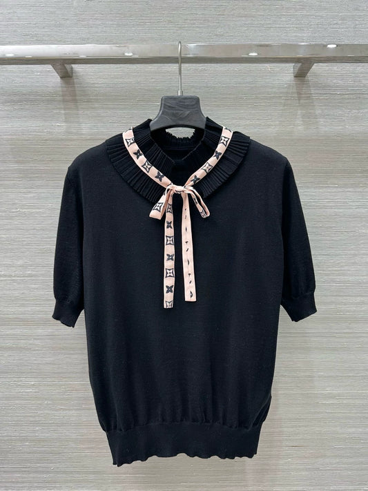 L 25 Spring/Summer New Lace Stand-up Collar Real Ribbon Short Sleeve