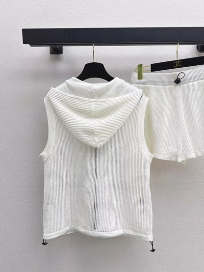 C 25 Early Spring Latest Knit Sets Cutout Hooded Vest + Shorts