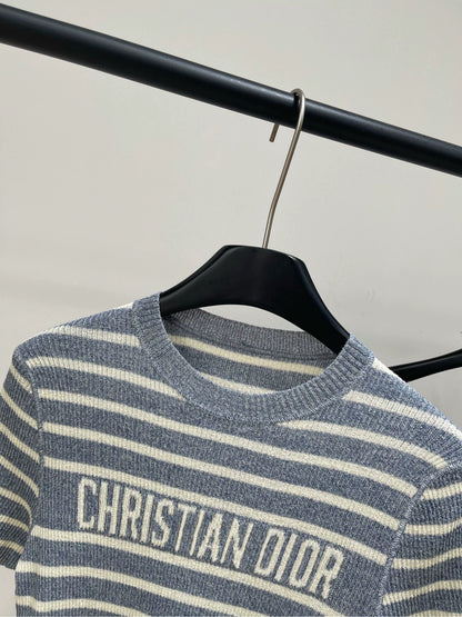 D 25Striped Linen Knit Short Sleeve Gray Blue