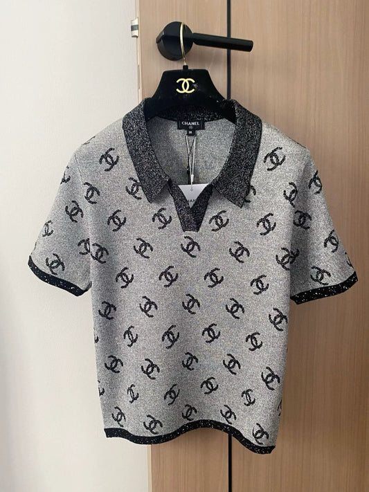 C 25 new color clashing pattern lapel short sleeve knitting