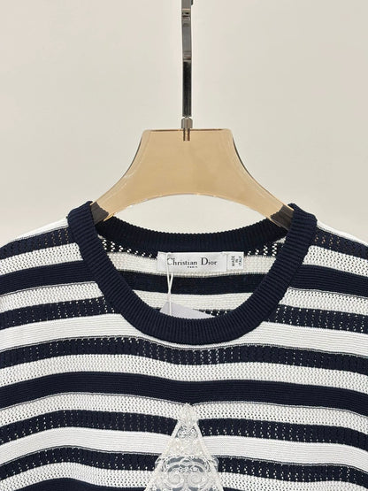 D 25 Spring and Summer New Round Neck Letter Star Embroidery Jacquard Stripe Contrast Color Knitted Long Sleeve